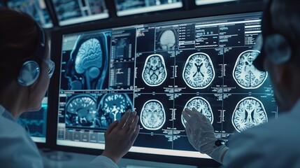 Hospital Medical Research Center Focus On Hand Gestures Of Diverse Colleagues Gathered Around Interactive Touch Screen Table With MRI Scans Of Brain On Display Doctors Looking For Alzh : Generative AI