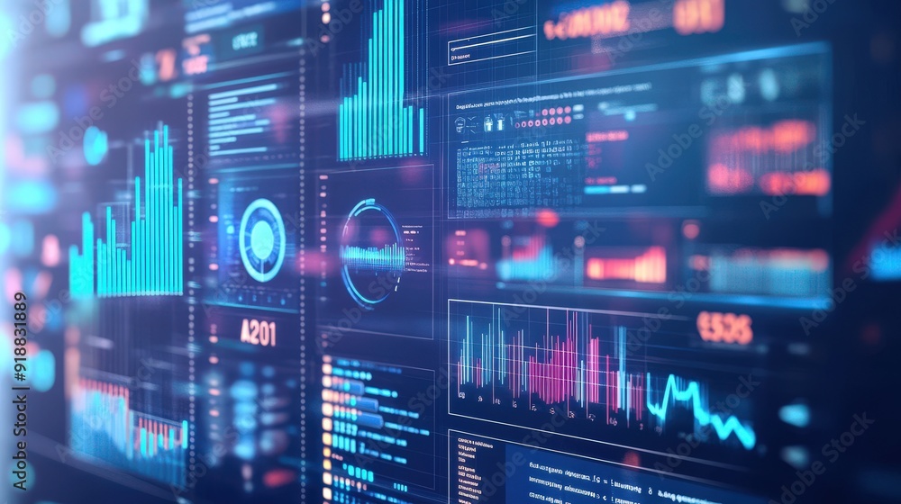 Poster a variety of business icons on a digital dashboard, highlighting data analytics and productivity.