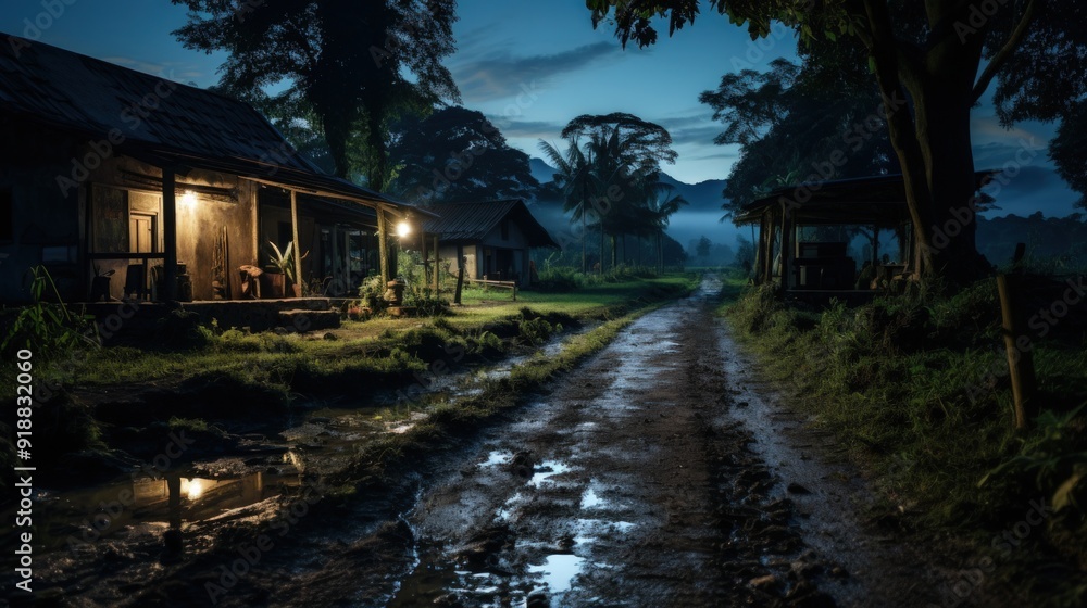 Poster two rustic huts with lit windows and a muddy path through the jungle at dusk.