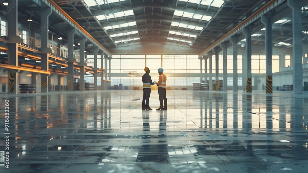 Poster Two Engineers Talking Standing in the Middle of an Empty Warehouse Inspecting Planning Future Factory Layout Professionals Industrial Designers Strategizing about New Manufacturing Pla : Generative AI