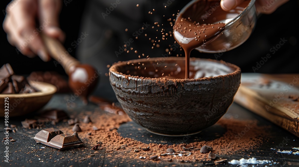 Poster the chef scoops hot chocolate into a bowl on a black background preparation of chocolate : generativ