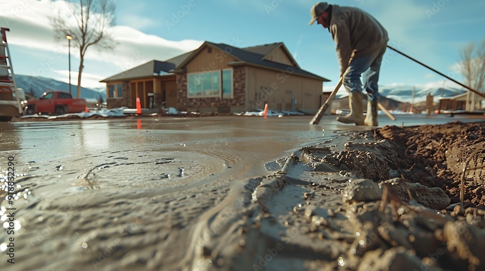 Poster Man working on smoothing concrete driveway for the new home build at construction site Architecture and exterior structure base progress safety foundation pavement ground Real estate i : Generative AI