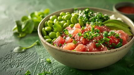 Banner of Asian poke bowl with tuna avocado and edamame served in a bowl against a green monochromatic background Modern minimalist presentation with copy space : Generative AI