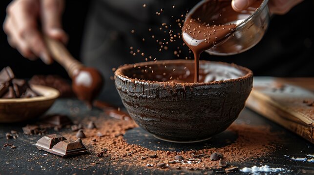 The chef scoops hot chocolate into a bowl On a black background Preparation of chocolate : Generative AI