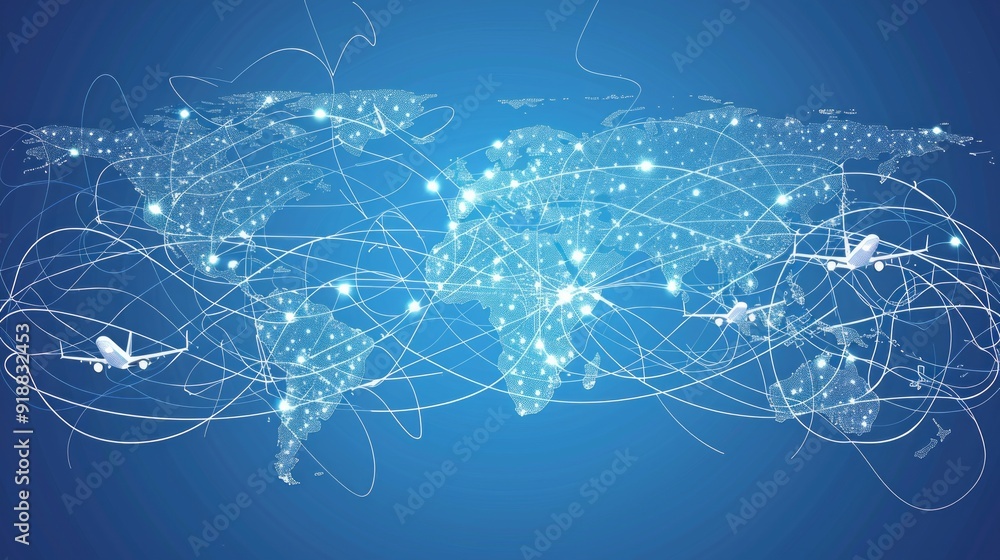 Wall mural abstract vector background featuring flying white airplanes and world map routes on a blue canvas - 