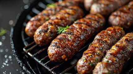 Fried on grill Sucuk beef meat sausage Black background Top view : Generative AI