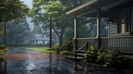 Fototapeta premium Wet Sidewalk with a House in the Background.