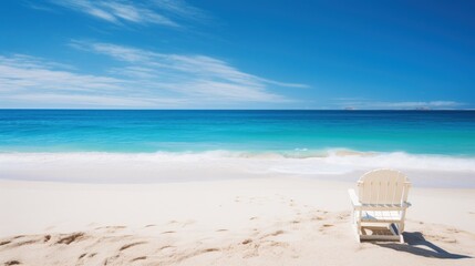 White chair on a beautiful beach, blue sky, turquoise water and white sand.