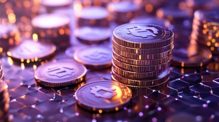 A high tech 3D model of cryptocurrency coins stacked together, symbolizing digital wealth.