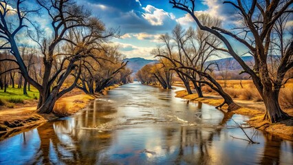 River flowing between withered trees , river, flowing, between, decrepit, dry, trees, water, nature, landscape, environment