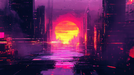 A visually striking digital artwork featuring a futuristic, neon-lit cityscape bathed in vibrant shades of pink, purple, and orange. The scene is dominated by abstract, towering skyscrapers with glowi