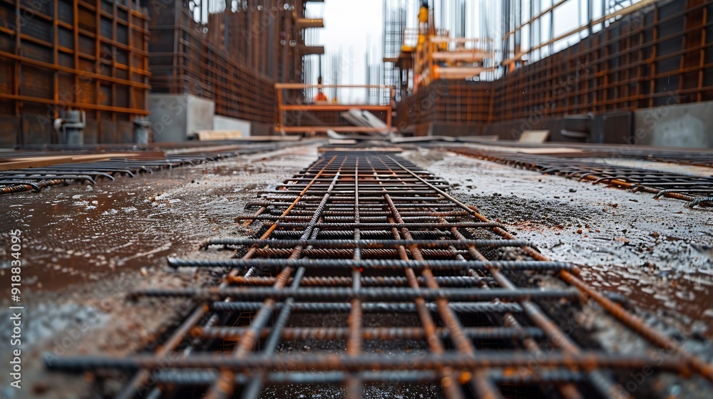 Poster large reinforced concrete structures at the construction site preparation for the installation of re