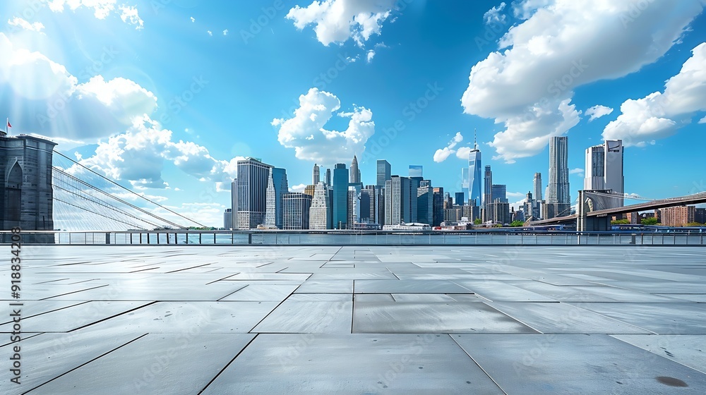 Poster empty square floor and bridge with city skyline under blue sky : generative ai