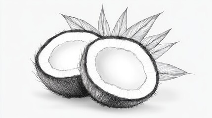 Hand-drawn coconut sketch, minimalist and clean, white background, fine line art capturing essence