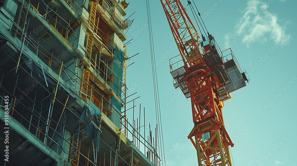 Poster construction crane working on large construction site : generative ai