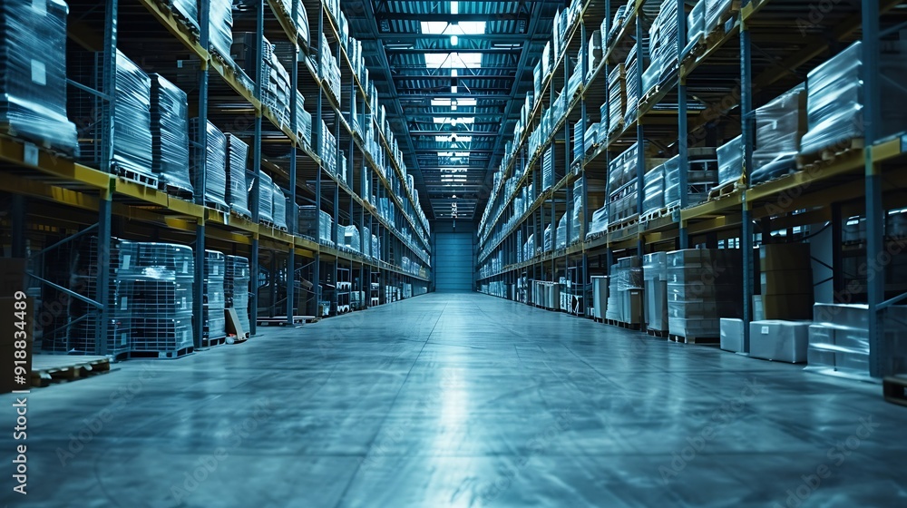 Poster large storage warehouse there is a walkway in the middle between the shelves : generative ai