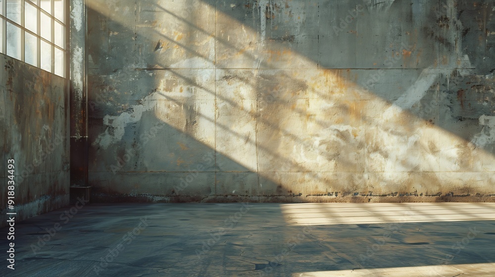 Poster empty warehouse room with grungy stucco concrete wall floor room as background corner of old grunge 