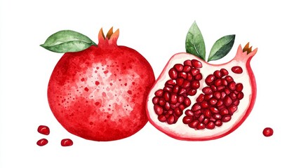 Hand-drawn pomegranate illustration, minimalist style, focus on natural shapes and seeds, crisp white background