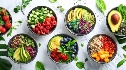 Five summer salads with fruits berries quinoa micro greens avocado vegetables on light marble background with tropical leaves Healthy food clean eating Buddha bowl salad detox top view : Generative AI