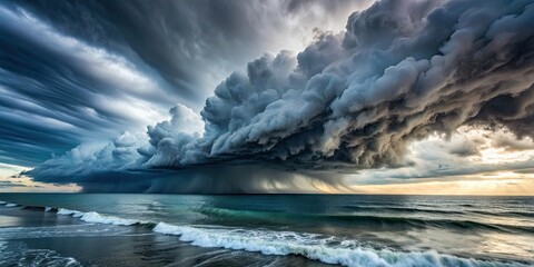 Fototapeta premium Dramatic storm clouds brewing over the ocean, creating a powerful tempest, storm, fury, weather, dramatic, clouds, ocean