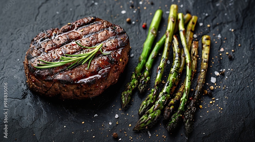 Poster grilled fillet mignon steak with roasted asparagus black background top view copy space : generative