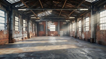 Fototapeta premium Interior view of an old rundown and abandoned factory building Big empty room with brick walls exposed beams and florescent light fixtures hanging form the ceiling : Generative AI