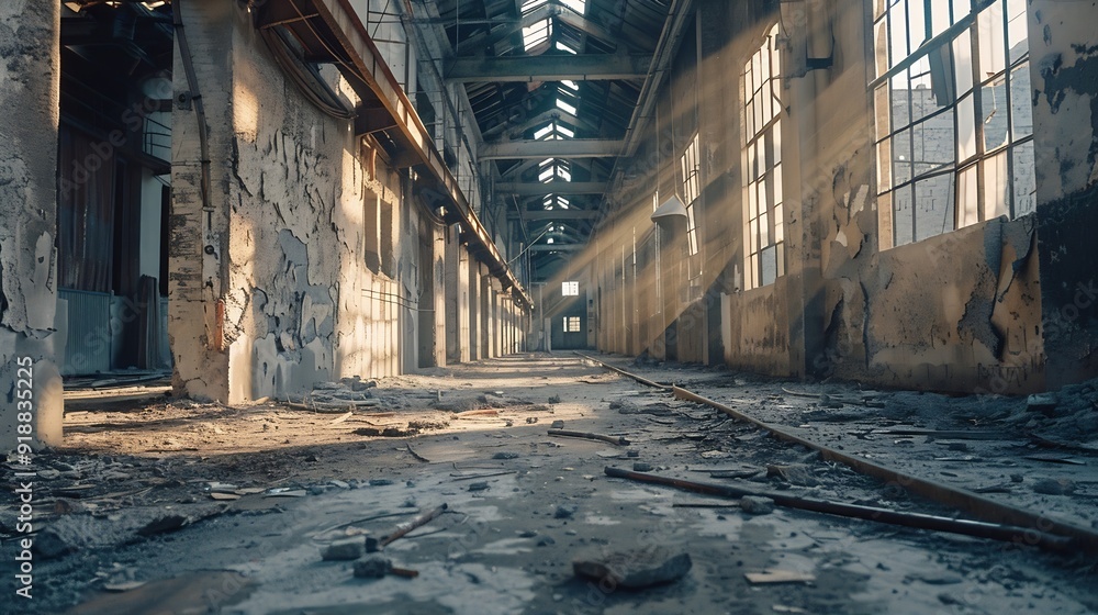 Poster interior industrial corridor in abandoned factory construction and architecture : generative ai