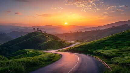 Country road and green tea plantation natural landscape at sunset : Generative AI