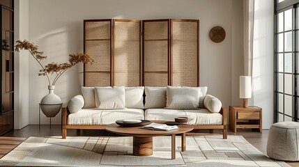Light living room with folding screen comfortable sofa coffee table and chest of drawers : Generative AI