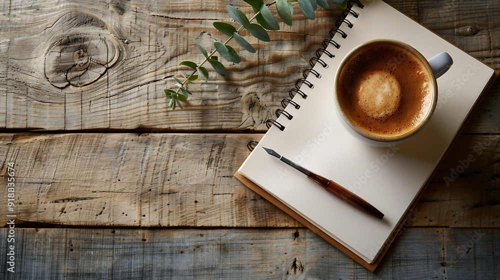 Leinwandbilder cup of coffee with notepad and brown pen on wooden table top view copy space : generative ai