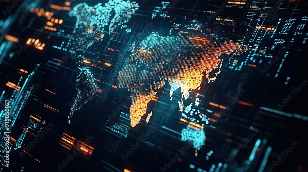 Poster a background with a world map and financial data overlays.