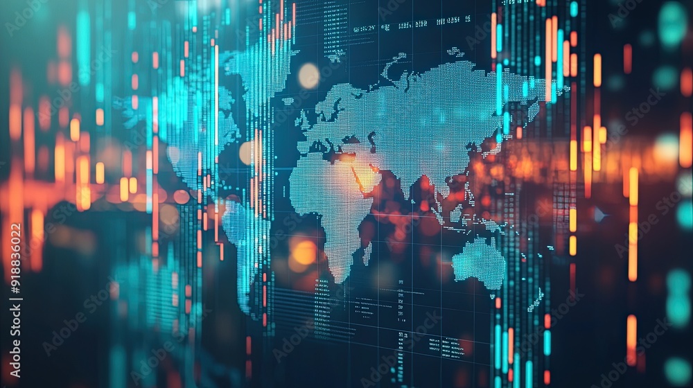 Poster a background with a world map and financial data overlays.