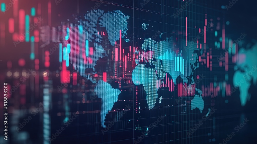 Poster a background with a world map and business data overlays.