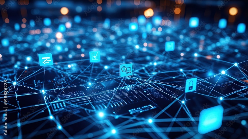 Poster a background with a network of connected business symbols.