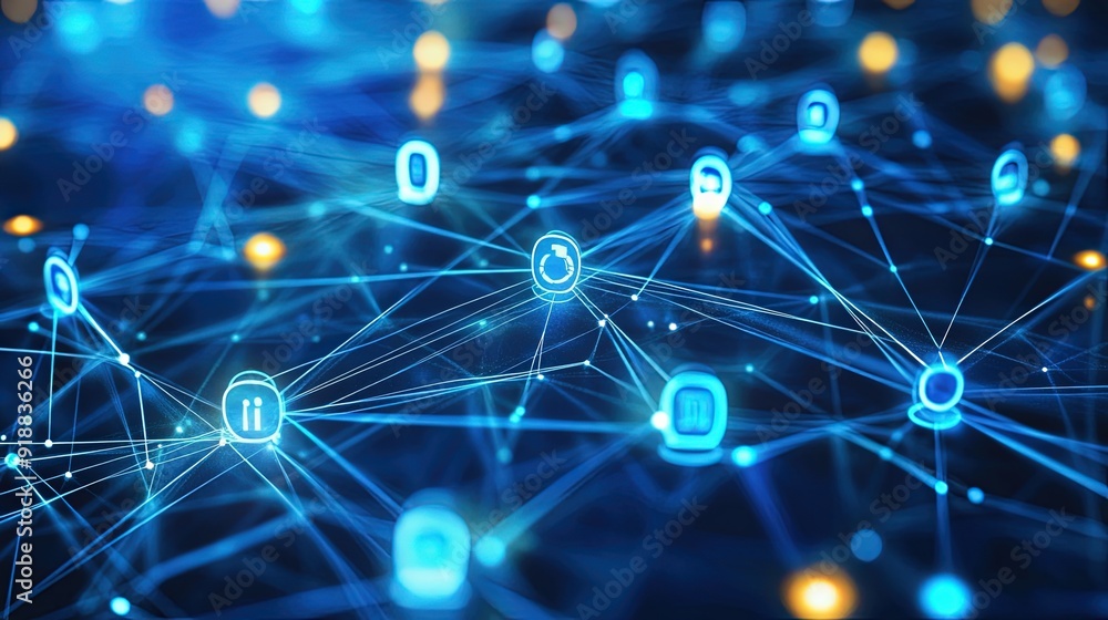 Poster a background with a network of connected business symbols.