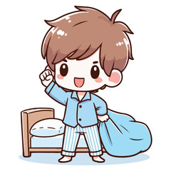 A little kid boy happy face wakes up in the morning, white background. Illustration