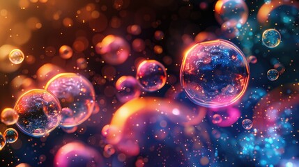 black background, colorful soap bubbles float in the air