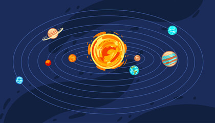 Solar system diagram with orbits and labeled planets. Perfect for science presentations, educational content, and space-themed visuals. Vector illustration © Alfmaler