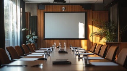 A conference room with a projector screen and whiteboard, set up for a presentation.