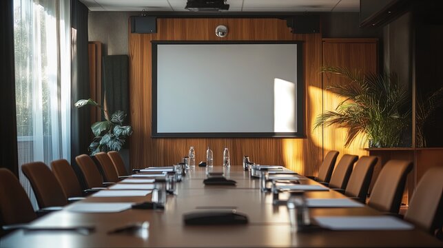 A conference room with a projector screen and whiteboard, set up for a presentation.
