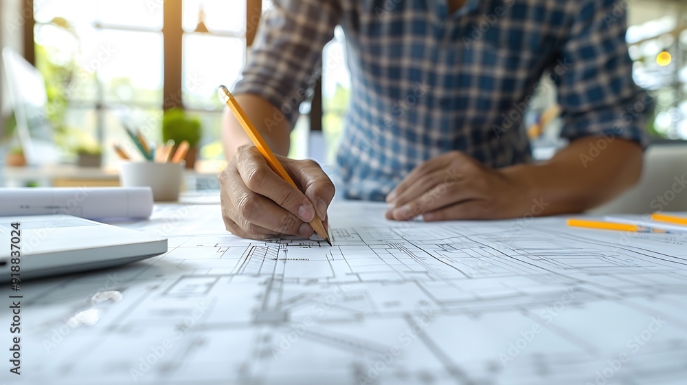 Poster Black man office and drawing on blueprint with pencil for planning a building design layout and project as architect Table construction and engineering person with idea for property re : Generative AI