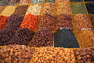 High angle view of dry fruit on the market in Kyrgyzstan