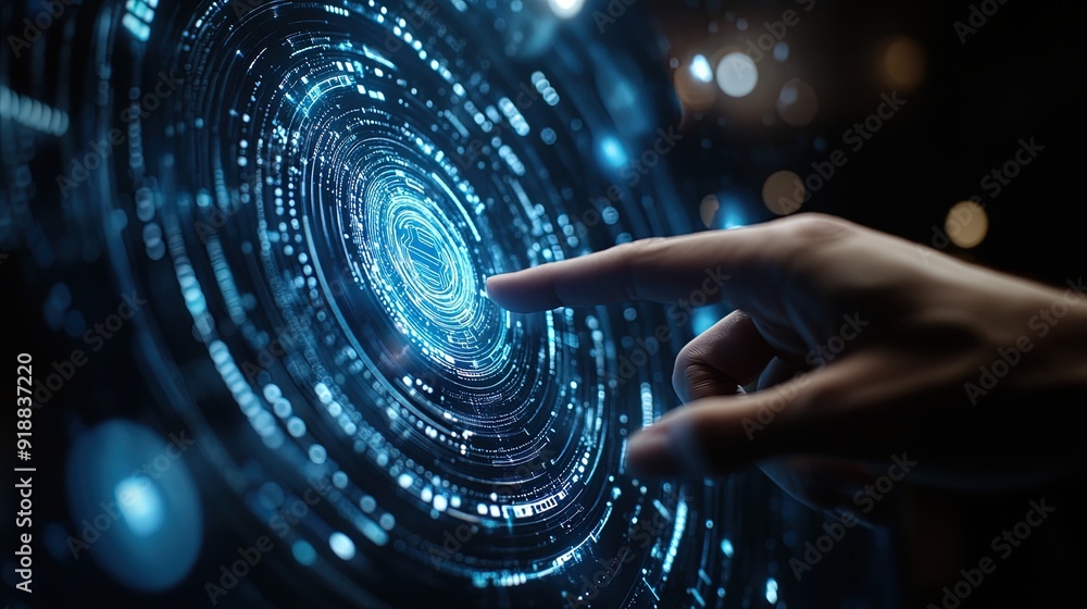 Poster a close up of a hand swiping through a floating holographic interface of digital currency analytics.