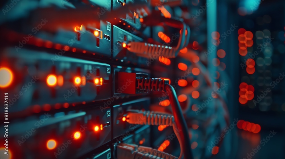 Aufkleber blur technology data center room defocus fiber optic cable and network router switch in data center room for background and wallpaper : Generative AI