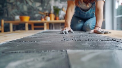 Construction level and wall with DIY woman in home for decoration maintenance or repairs Design drawing and project management with person in apartment for building improvement or remo : Generative AI