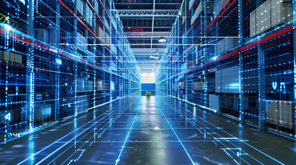 Futuristic Technology Retail Warehouse, a digital warehouse with electronic grids connected to a barcode scanner banner background