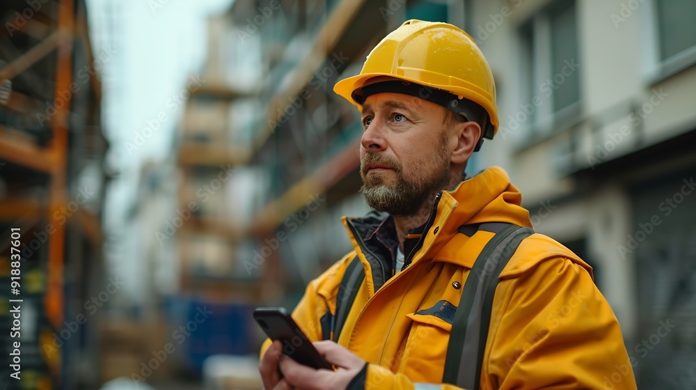 Poster construction engineer using mobile smart phone on site during inspection selective focus : generativ