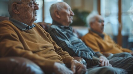 Obraz premium Men sofa and support with friends in communication hand gesture and grief with pain or loneliness Elderly men diversity and conversation on mental health or emotional counselling on sa : Generative AI