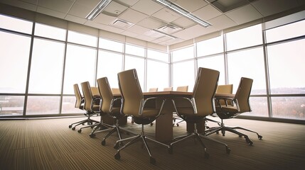 A boardroom with a large table, chairs, and a projector screen.