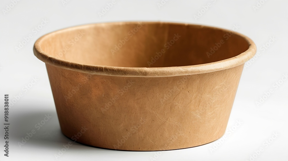 Aufkleber Side view closeup of empty single brown paper bowl isolated on white background with clipping path : Generative AI